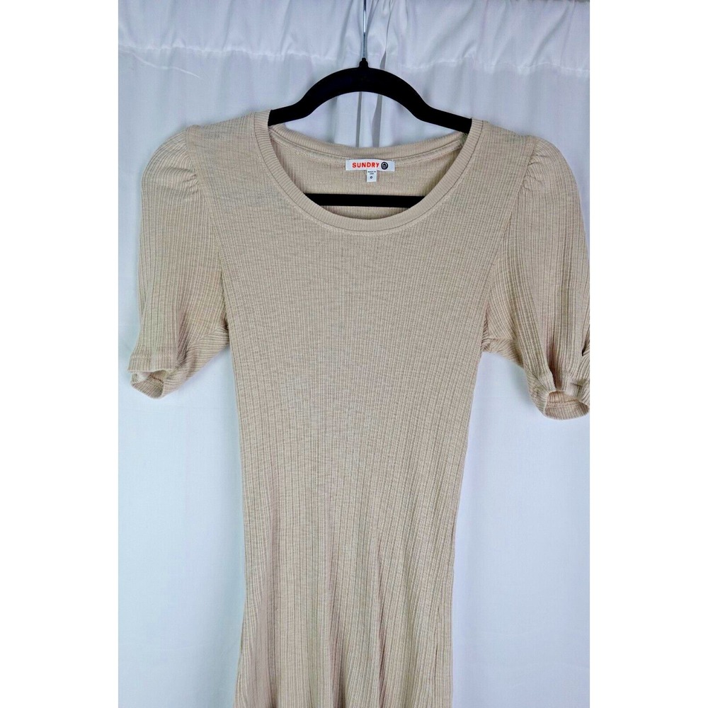 Sundry‎ Ribbed Puff Sleeve Dress Beige Size 0 Mini Casual Stretch Made in USA